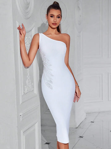 One Shoulder Sleeveless White Bandage Bridesmaid Dress For Women