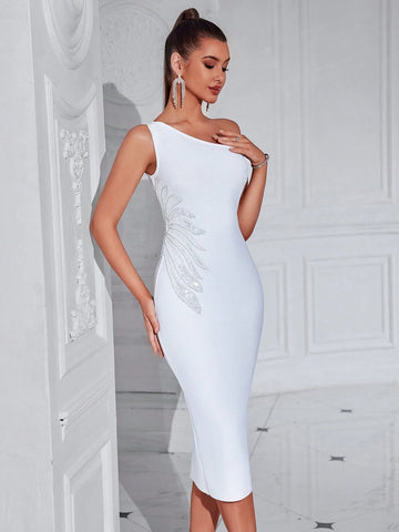 One Shoulder Sleeveless White Bandage Bridesmaid Dress For Women