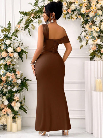 One Shoulder Solid Ruched Slit Thigh Formal Dress Asymmetrical Button Mermaid