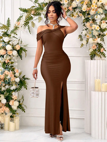 One Shoulder Solid Ruched Slit Thigh Formal Dress Asymmetrical Button Mermaid
