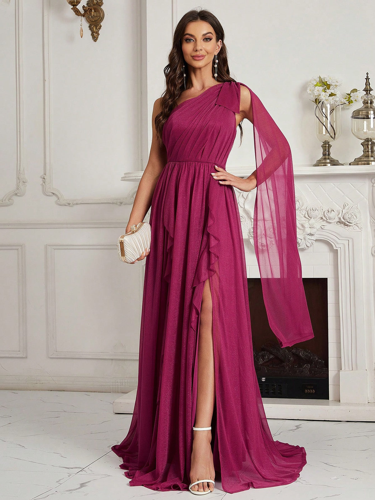 One Shoulder Split Thigh Chiffon Bridesmaid Dress