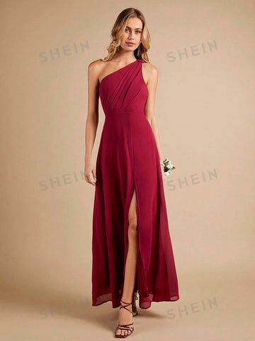 One Shoulder Split Thigh Chiffon Bridesmaid Dress