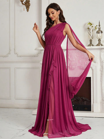 One Shoulder Split Thigh Chiffon Bridesmaid Dress