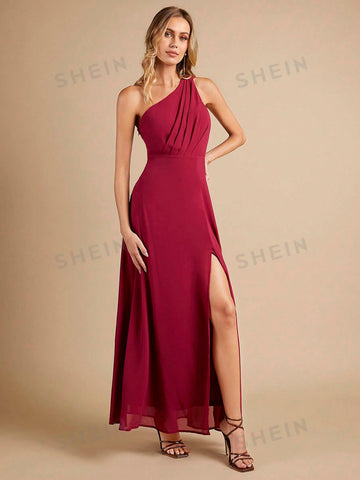 One Shoulder Split Thigh Chiffon Bridesmaid Dress