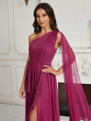 One Shoulder Split Thigh Chiffon Bridesmaid Dress
