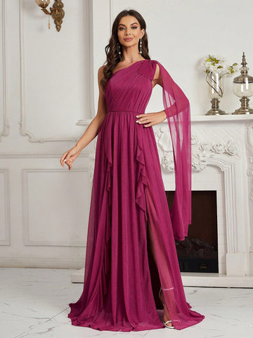 One Shoulder Split Thigh Chiffon Bridesmaid Dress