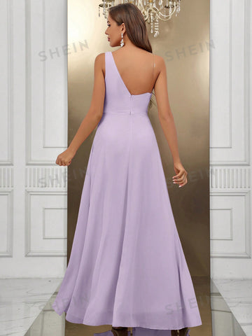 One Shoulder Split Thigh Chiffon Formal Dress
