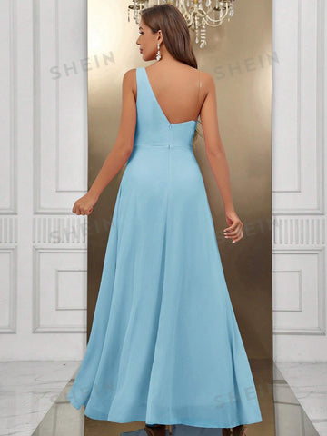 One Shoulder Split Thigh Chiffon Formal Dress