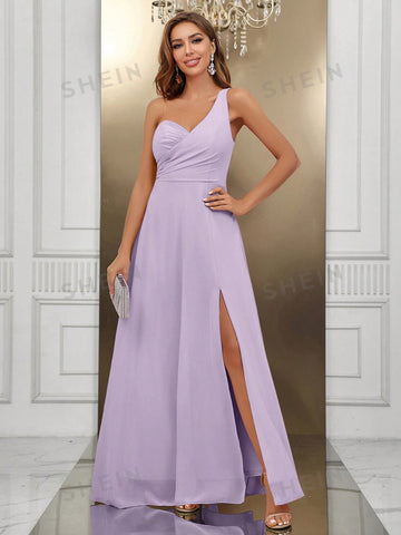 One Shoulder Split Thigh Chiffon Formal Dress