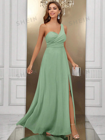 One Shoulder Split Thigh Chiffon Formal Dress