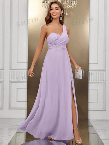 One Shoulder Split Thigh Chiffon Formal Dress