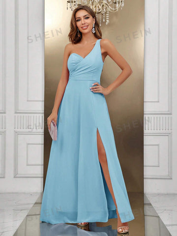 One Shoulder Split Thigh Chiffon Formal Dress
