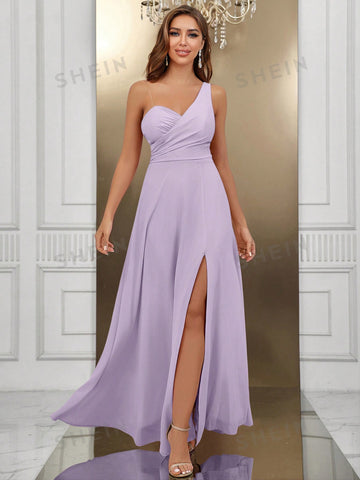 One Shoulder Split Thigh Chiffon Formal Dress