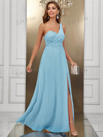 One Shoulder Split Thigh Chiffon Formal Dress