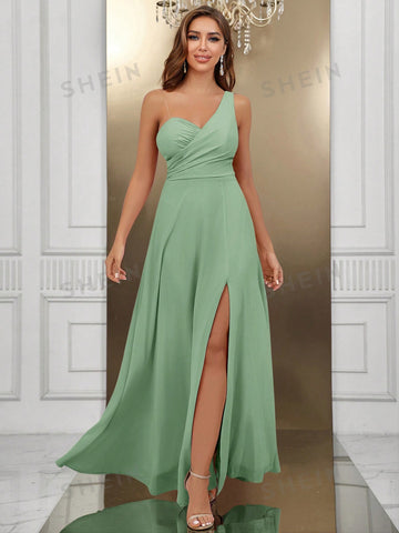 One Shoulder Split Thigh Chiffon Formal Dress