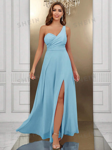 One Shoulder Split Thigh Chiffon Formal Dress