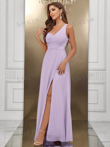 One Shoulder Split Thigh Chiffon Formal Dress