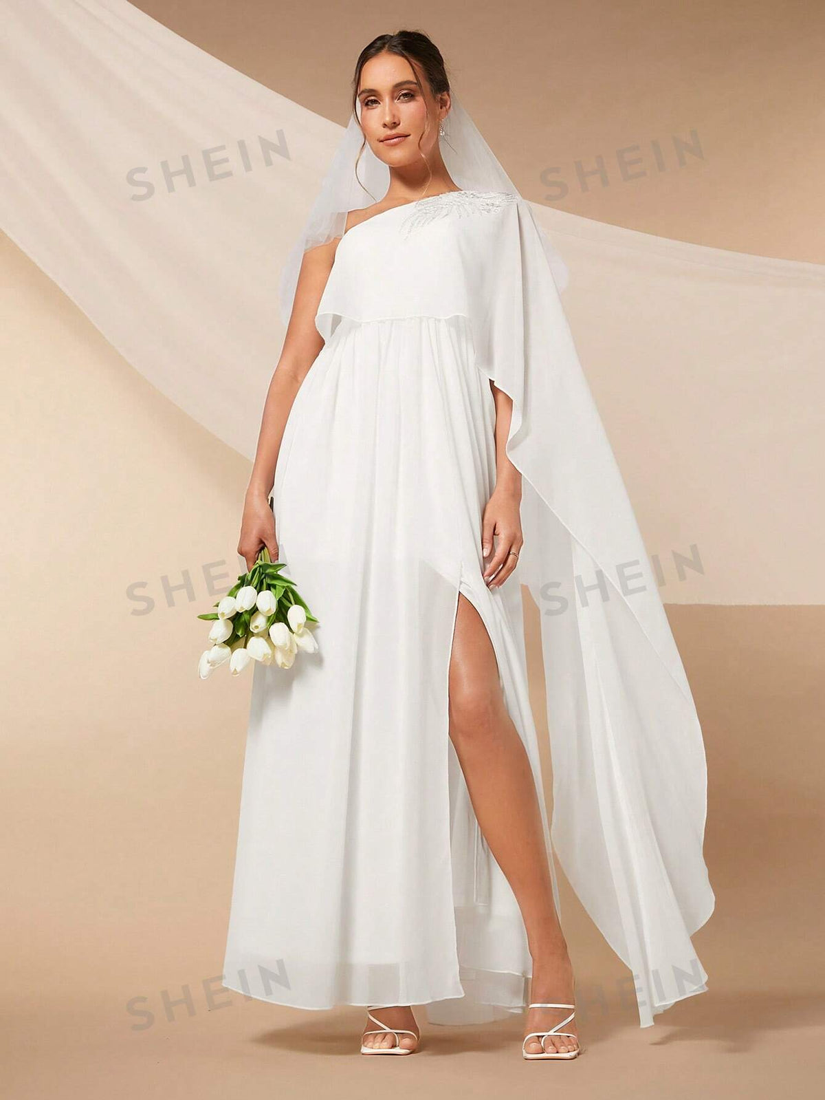 One Shoulder Split Thigh Chiffon Wedding Dress Without Veil