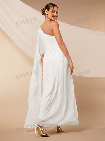 One Shoulder Split Thigh Chiffon Wedding Dress Without Veil