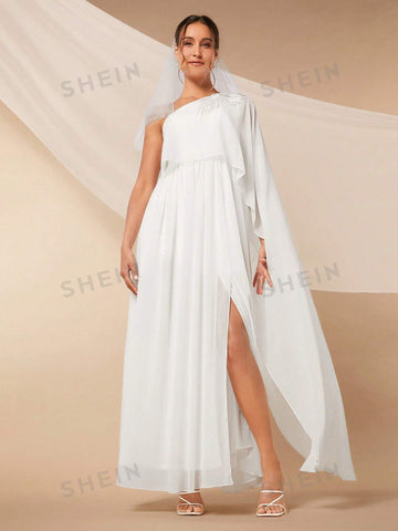 One Shoulder Split Thigh Chiffon Wedding Dress Without Veil