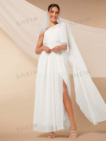 One Shoulder Split Thigh Chiffon Wedding Dress Without Veil
