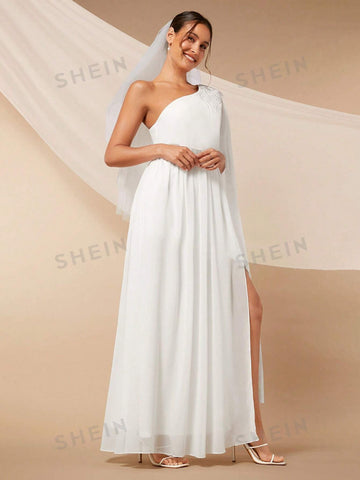 One Shoulder Split Thigh Chiffon Wedding Dress Without Veil