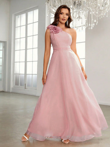 One Shoulder Stereo Flower Chiffon Bridesmaid Dress
