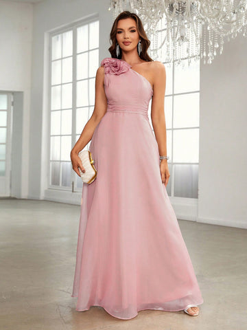One Shoulder Stereo Flower Chiffon Bridesmaid Dress