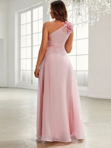 One Shoulder Stereo Flower Chiffon Bridesmaid Dress