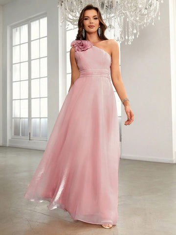 One Shoulder Stereo Flower Chiffon Bridesmaid Dress