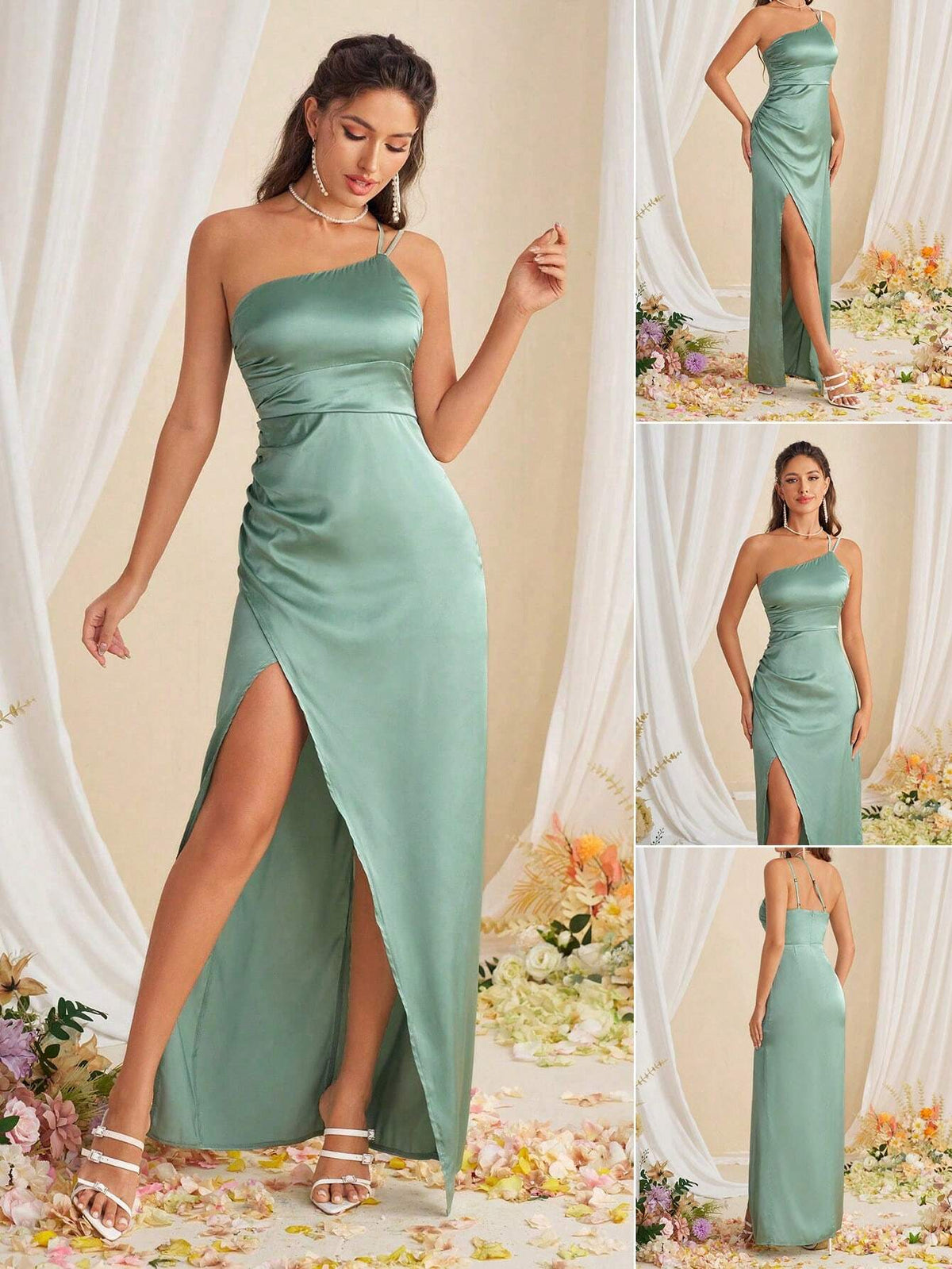 One Shoulder Strap High Waist High Slit Backless Bridesmaid Dress