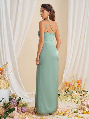 One Shoulder Strap High Waist High Slit Backless Bridesmaid Dress