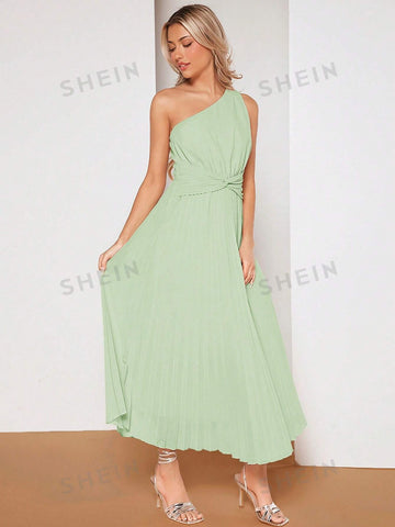 One Shoulder Twist Front Pleated Hem Bridesmaid Dress