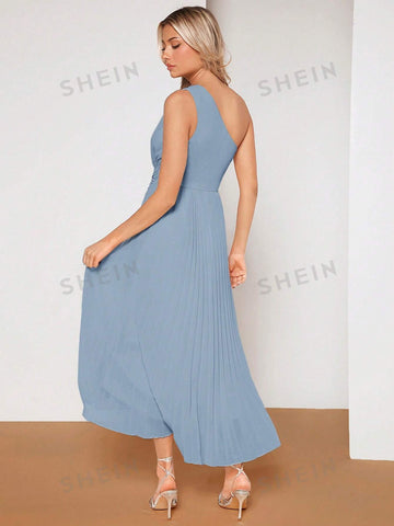 One Shoulder Twist Front Pleated Hem Bridesmaid Dress
