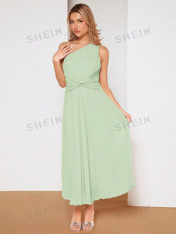One Shoulder Twist Front Pleated Hem Bridesmaid Dress