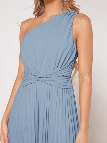 One Shoulder Twist Front Pleated Hem Bridesmaid Dress