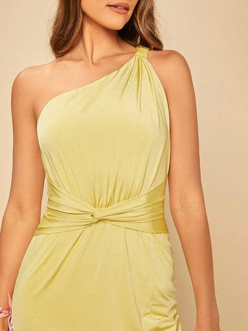 One Shoulder Twist Front Split Thigh Bridesmaid Dress