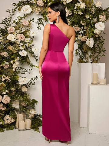 One Shoulder Twist Front Split Thigh Satin Bridesmaid Dress