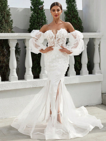 One Shoulder V-Neck Back Tie Wedding Dress With 3d Floral Fabric And Mesh Skirt