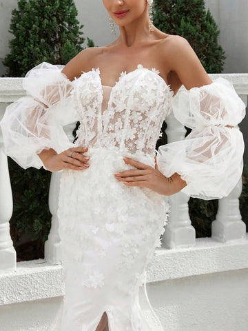 One Shoulder V-Neck Back Tie Wedding Dress With 3d Floral Fabric And Mesh Skirt