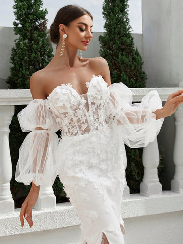 One Shoulder V-Neck Back Tie Wedding Dress With 3d Floral Fabric And Mesh Skirt