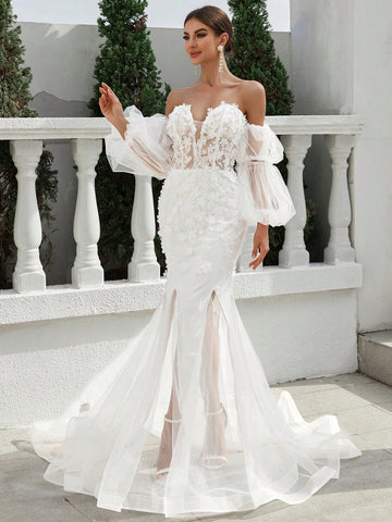 One Shoulder V-Neck Back Tie Wedding Dress With 3d Floral Fabric And Mesh Skirt