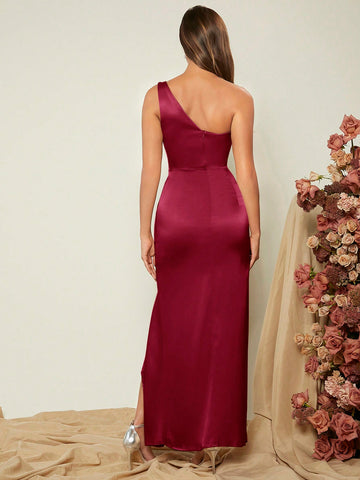 One Shoulder Wrap Hem Satin Bridesmaid Dress