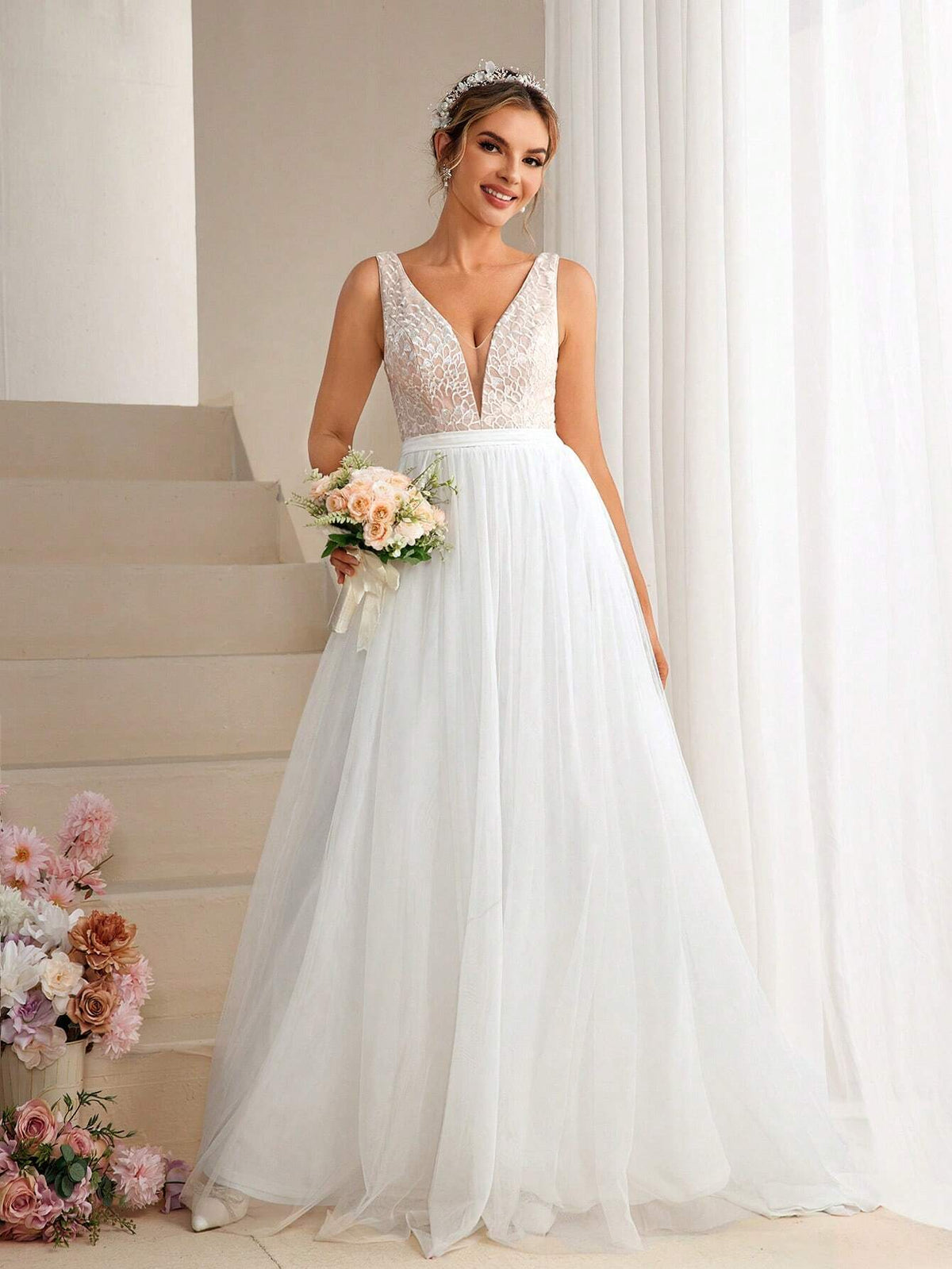 Patchwork Lace Embroidered Sequin Tulle Ball Gown Wedding Dress