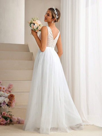 Patchwork Lace Embroidered Sequin Tulle Ball Gown Wedding Dress