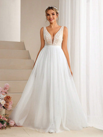 Patchwork Lace Embroidered Sequin Tulle Ball Gown Wedding Dress
