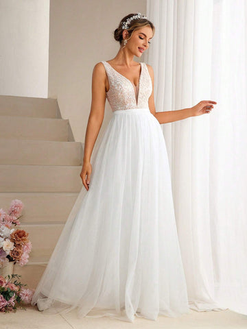 Patchwork Lace Embroidered Sequin Tulle Ball Gown Wedding Dress