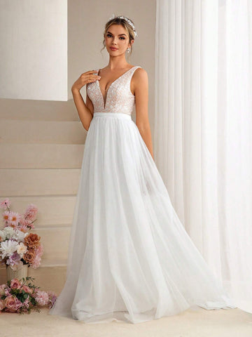 Patchwork Lace Embroidered Sequin Tulle Ball Gown Wedding Dress