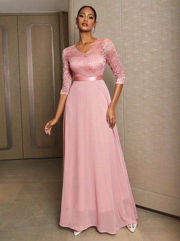 Patchwork Lace V-Neck Bridesmaid Dress