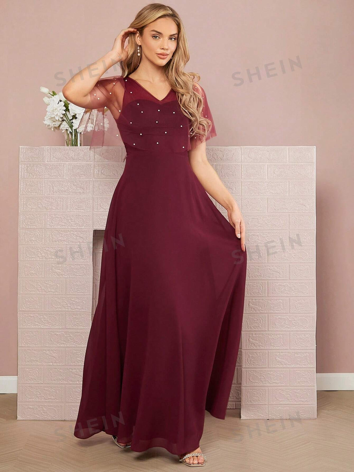 Pearls Beaded Mesh Sleeve Bridesmaid Dress